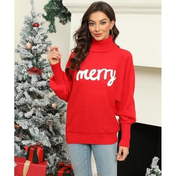 Oversized Christmas Red Sweater Women 2025 Merry Turtleneck Batwing Sleeve - Picture 6 of 6